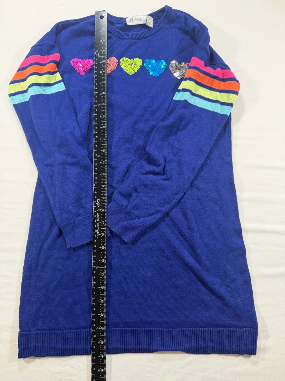 The Children's Place Royal Blue Sequin Heart Sweater with Rainbow Stripes